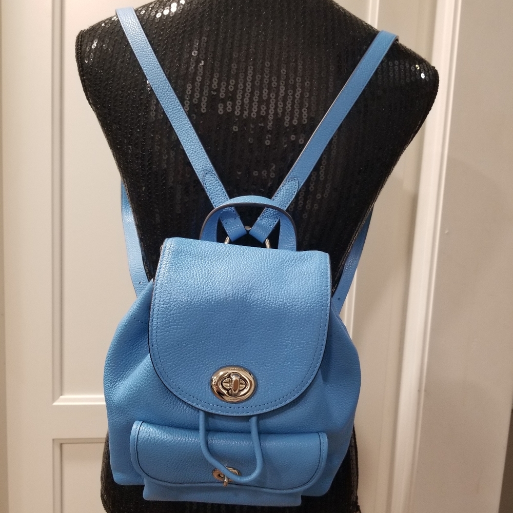 SOLD! NWOT! Coach Mini Turnlock Rucksack Backpack Pebbled Leather Azure Blue - Picture 5 of 16